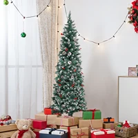 6/6.5/7.5 Ft Artificial TreePre-Decorated Pencil Christmas Tree Pre-Lit Holiday Tree PVC Flocked Frosted Tips Warm White Lights 1