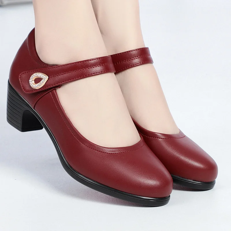 

Women Fashion Round Toe Solid PU Leather Comfort Spring Office Square Heel Pumps Classic Black Soft Bottom Single Shoes