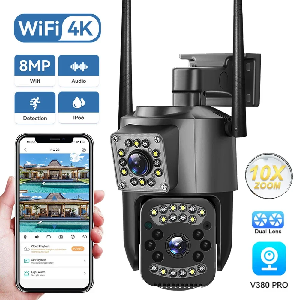 

4K 8MP Dual Lens WiFi IP Camera PTZ Outdoor V380 Pro CCTV AI Auto Tracking Security Protection Night Vision