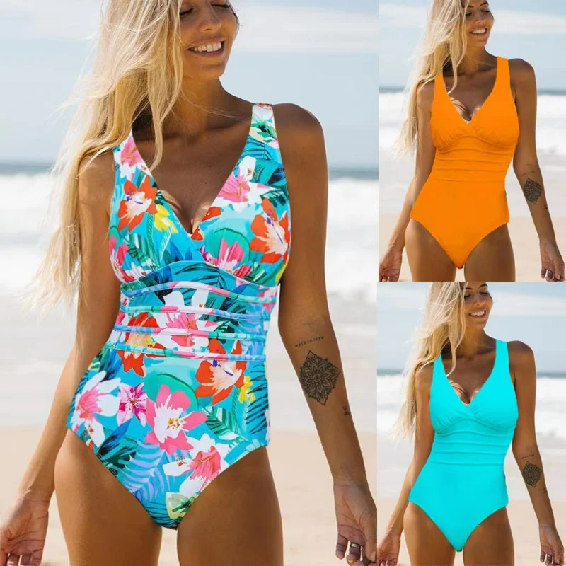 

New Women Printed One Piece Swimwear Sexy Plus Size Backless Swimsuit V Neck Summer Beach Wear Slimming Surfing Bathing Suit