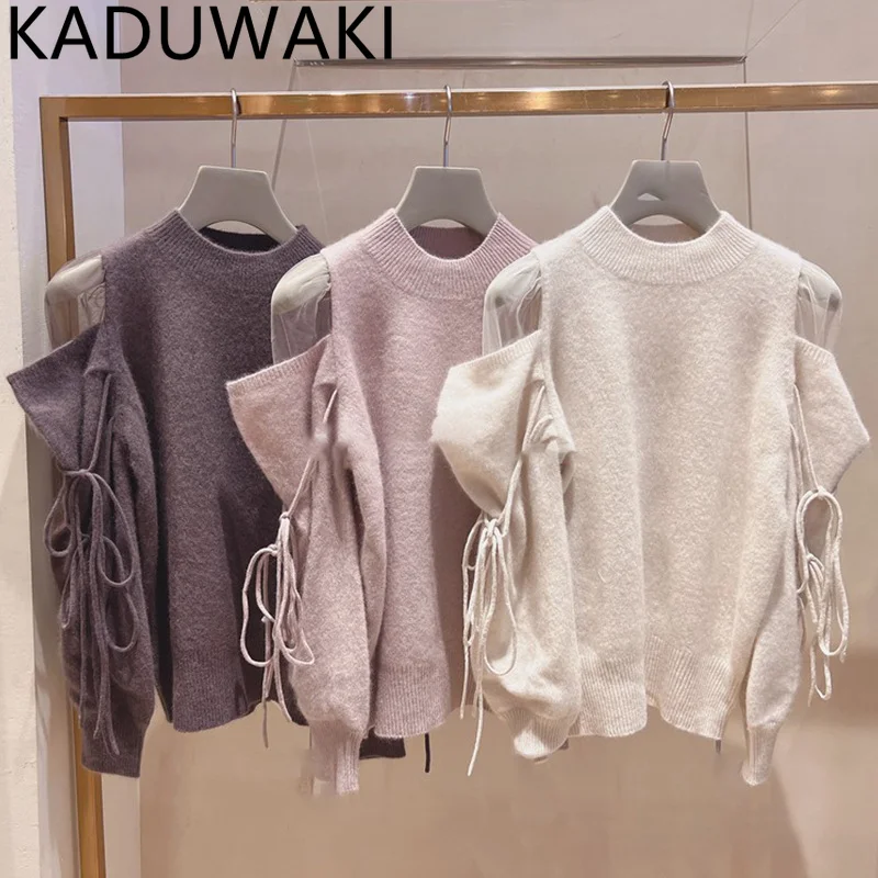 

Japan Style Elegant O-Neck Sweaters Patchwork Off-shoulder Drawstring Tops Women Pullovers 2023 Spring Summer Knitted Tops