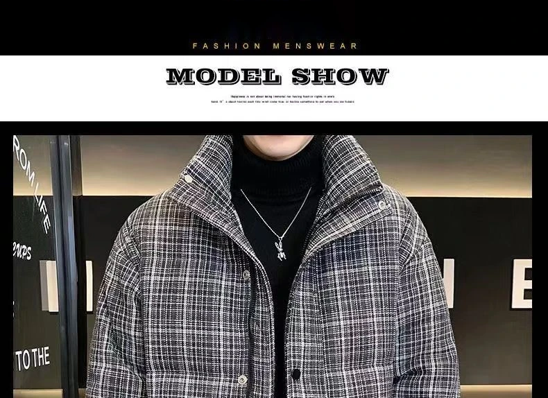 2023 Neue Daunenjacke für Herren, hübsche karierte Baumwolljacke mit kurzem Stehkragen, verdickte und leichte Herrenjacke,_voghion.com