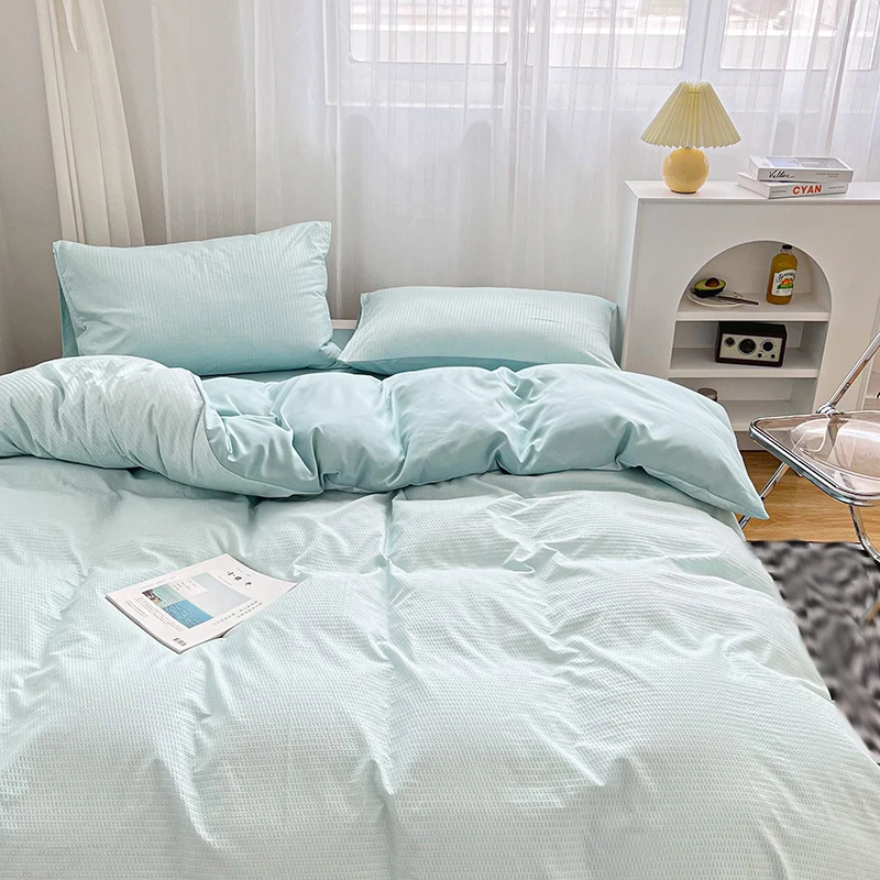 

Home Textile Green Waffle Pattern Solid Color Bedding Set Double Sheet Queen King Size Bed Linens Duvet Cover Sheet Pillow Case