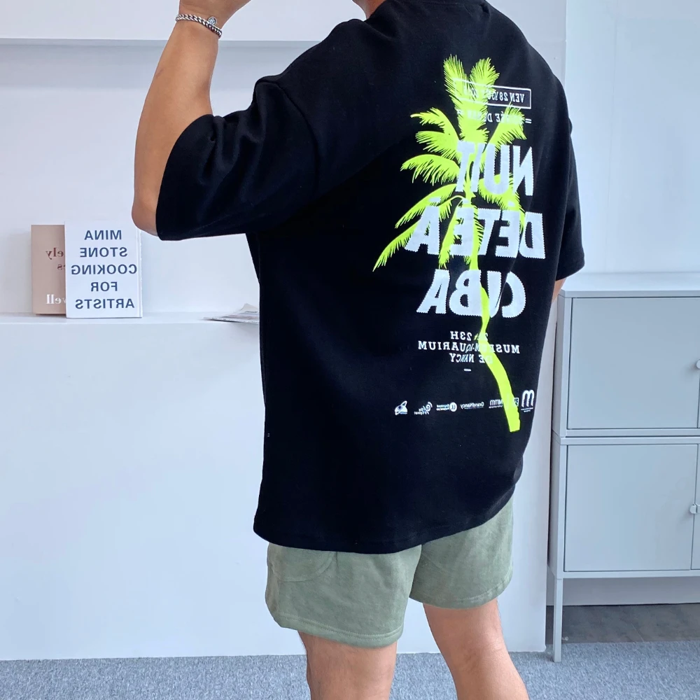 

Korean style fashionable cotton coconut tree print design t shirt Harajuku trendy summer boys short sleeved top T-shirt shirts