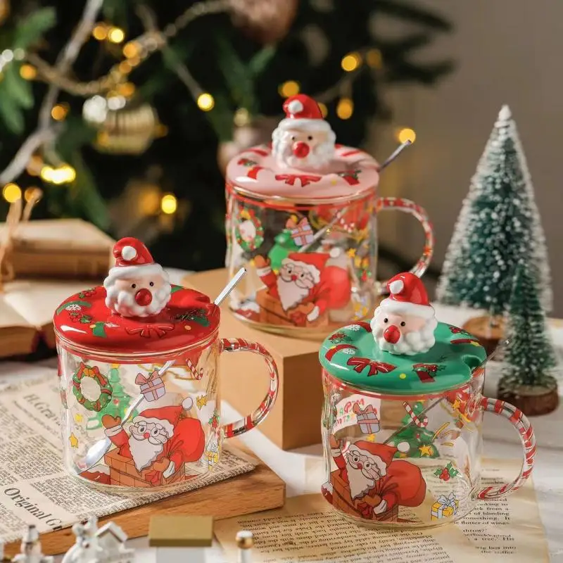 

Christmas Glass Cup with Lid Cartoon Ceramic Coffee Mugs Water Cup Snowman Christmas Tree Santa Gift Handle Drinkware