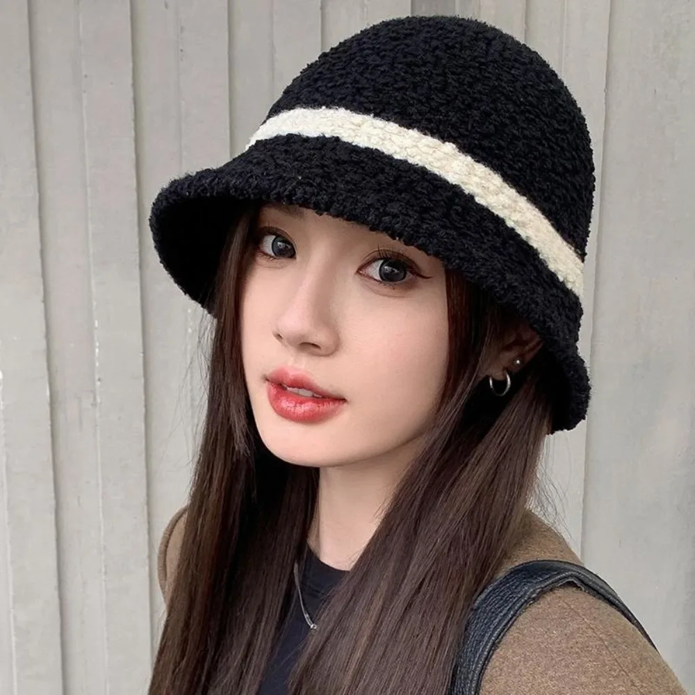 여성용 줄무늬 어부 모자, 혼합 색상 양모 양털 모자, 머리 장식, 따뜻한 버킷 캡, 패션
