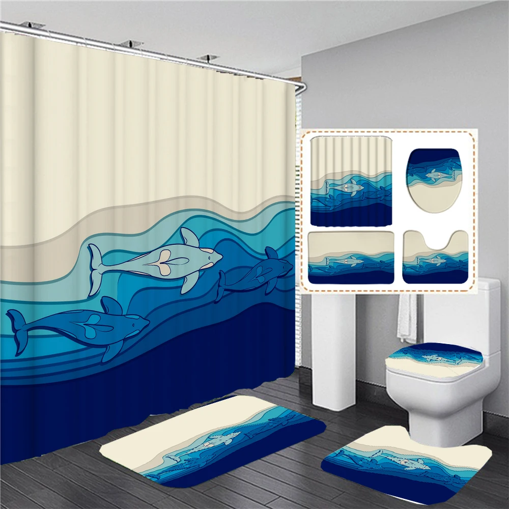 

3D Ocean Dolphin Toilet Cover Bath Mat Rug Set Dolphin Bathroom Curtain Printing Waterproof Fabric Shower Curtains with Hooks