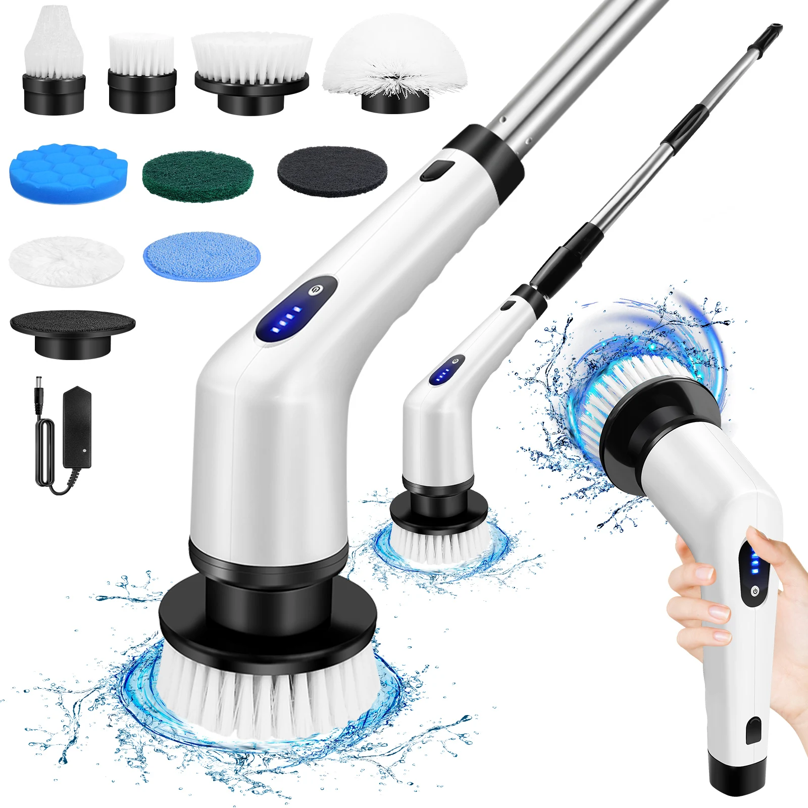 Cordless Spin Scrubber Cleaning Brush Set with 3.0Ah Battery and Fast Charger, 2 Speed, 9 Replaceable Brush Heads,100-126cm Rod