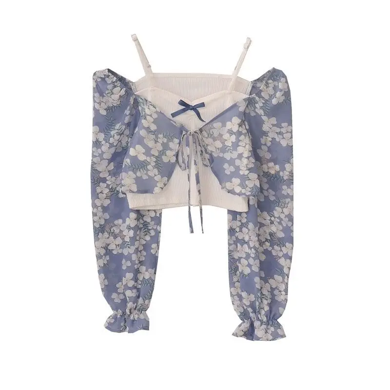

Sweet Hot Girl French Retro Niche Floral Printed Short Shirts Women's V-neck Long-sleeved Lace-up Fake Two-piece Blouses Tops