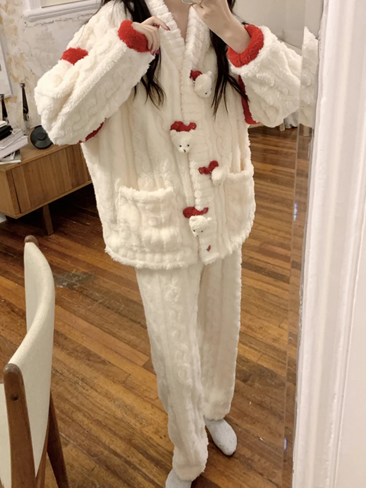 

Winter Sleepwear Coral Fleece Warm Kawaii Bear Pajama Sets Suit Thickening Flannel Keep Warm 2 Piece Night Wears Home Clothes