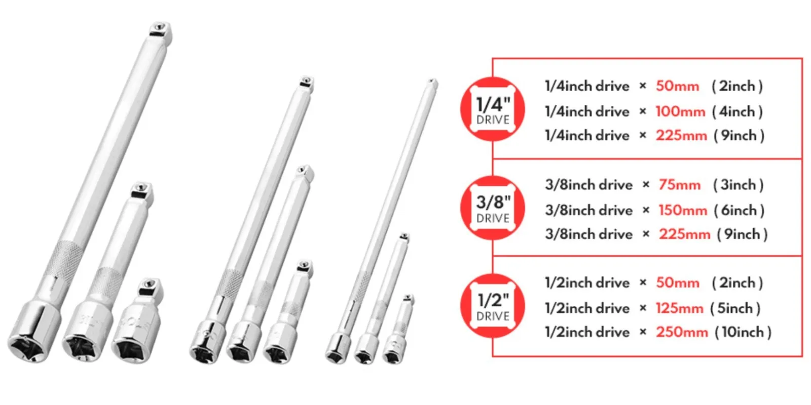 Wobble Extension Set, 9 PCS 1/4 3/8 1/2, Ratchet Extension Set, Socket Adapter - 3