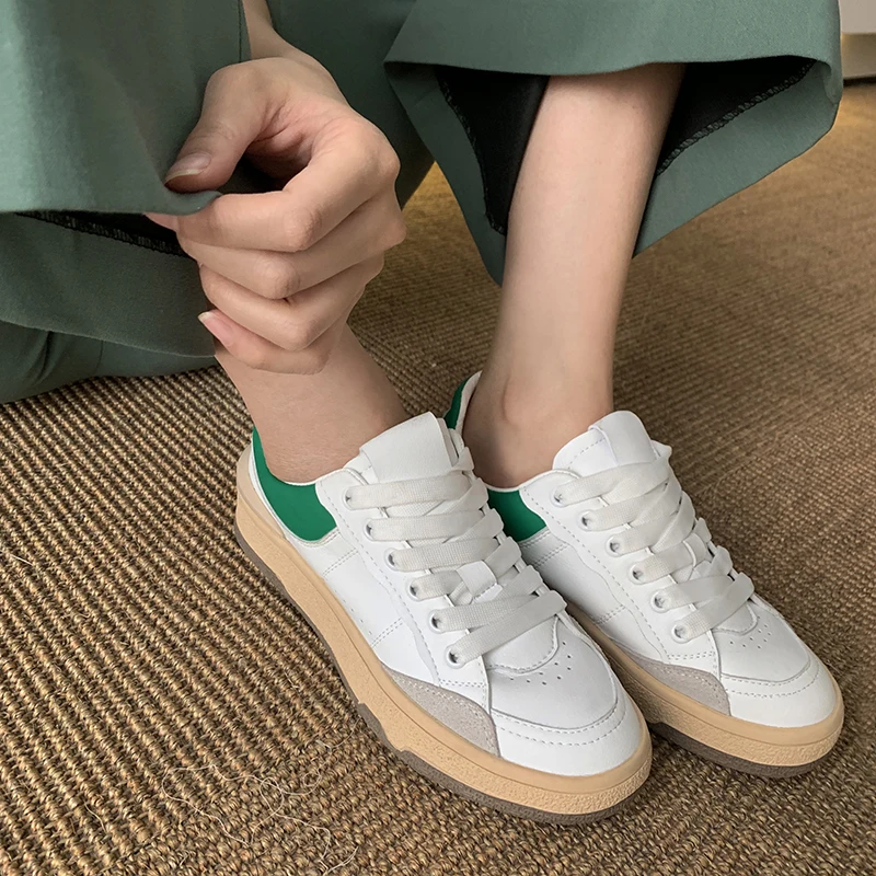 

JETT DRAGON 2022 Winter Autumn Round Toe Flat Heel Casual Female Shoes Mixed Color Genuine Leather Lace Up Women Sneakers Size40