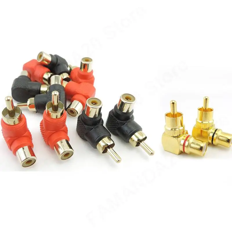 Conectores RCA macho a RCA hembra adaptadores de ángulo recto M/F codo de  90 grados chapado en oro (2 negro + 2 rojo) (paquete de 4)