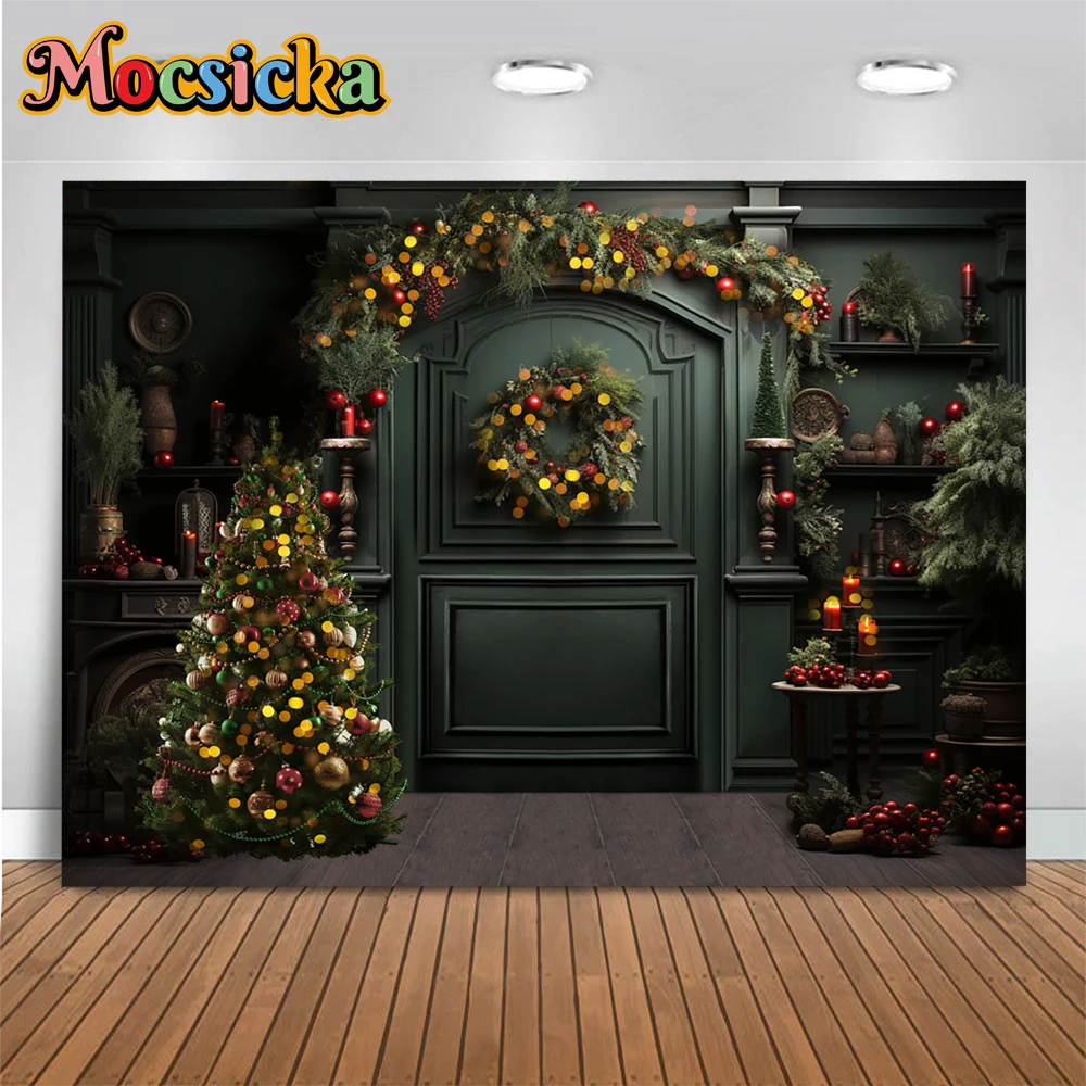 

Christmas Retro Green Cupboard Decor Studio Photography Background Xmas Tree Wreath Backdrop Prop Kid Family Portrait Photocall