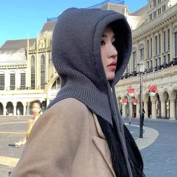 Balaclava Women's Hat Warm Winter Couple Neckband One Piece Ear-Protection Wool Knit Hat Fake Colla Shawl Hooded Thick  Beanines