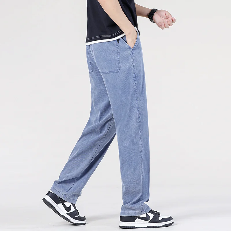 2024 New Lyocell Fabric Men's Jeans Pants Straight Loose Quality Sweatpants Casual  Soft Wide Leg Long Baggy Trousers Hot Sales