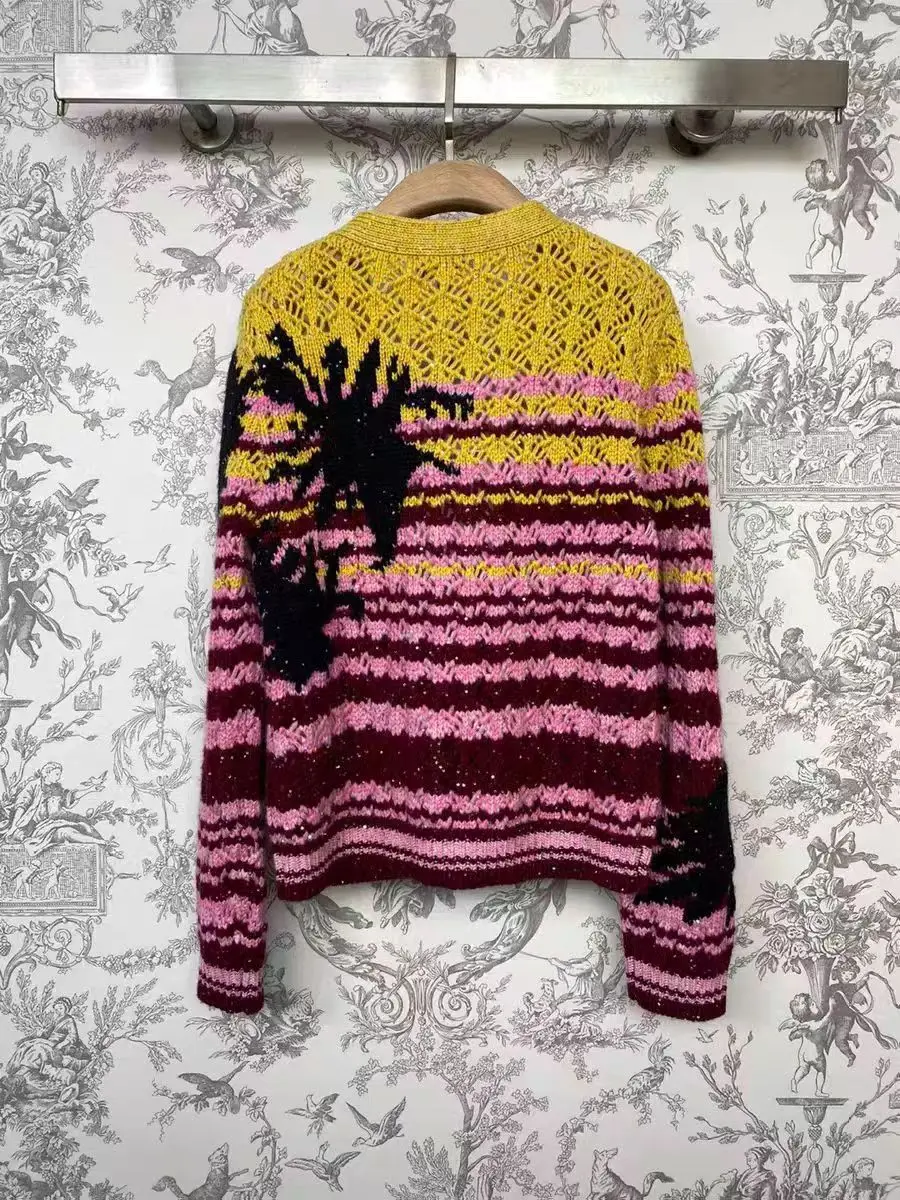 

Hollow Shiny Sequined Yarn Coconut Tree Color Knitted Cardigan Long Sleeve Ladies JacketNO66