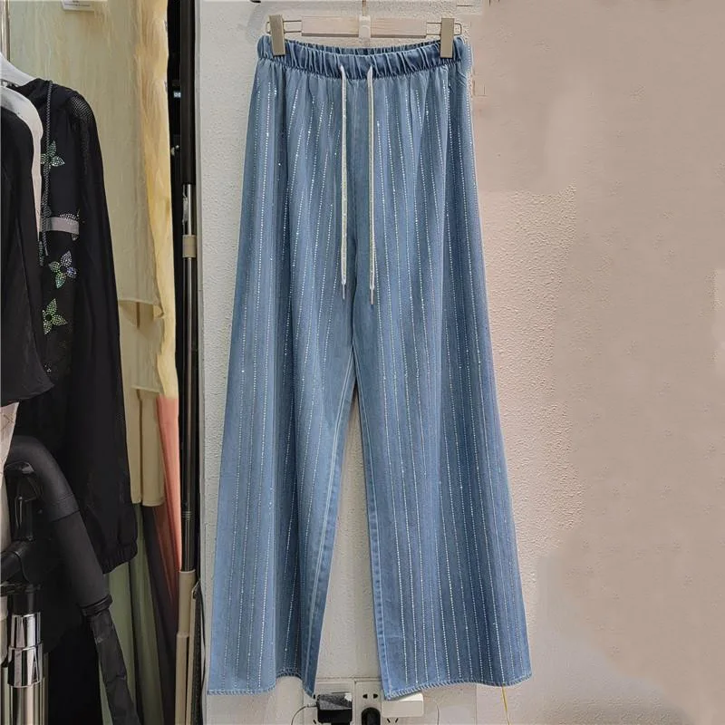 

SuperAen 2023 Summer New High-waist Casual Wide-leg Pants Heavy Industry Hot Diamond Women's Fashion Straight Jeans