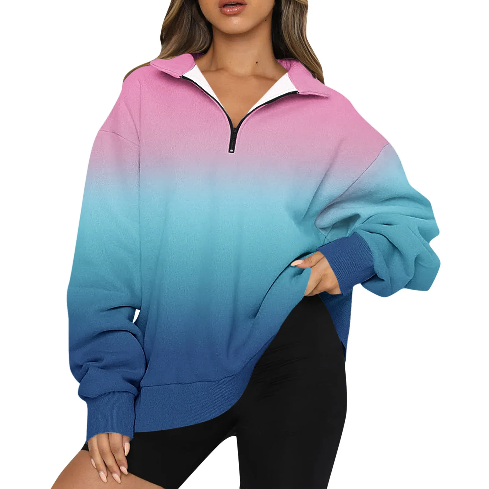 

2024 Autumn Gradient Sweatshirts Zipper Long Sleeve Loose Women Tops Casual Streetwear Sweatershirt Hoodie Retro Y2K Femme Top