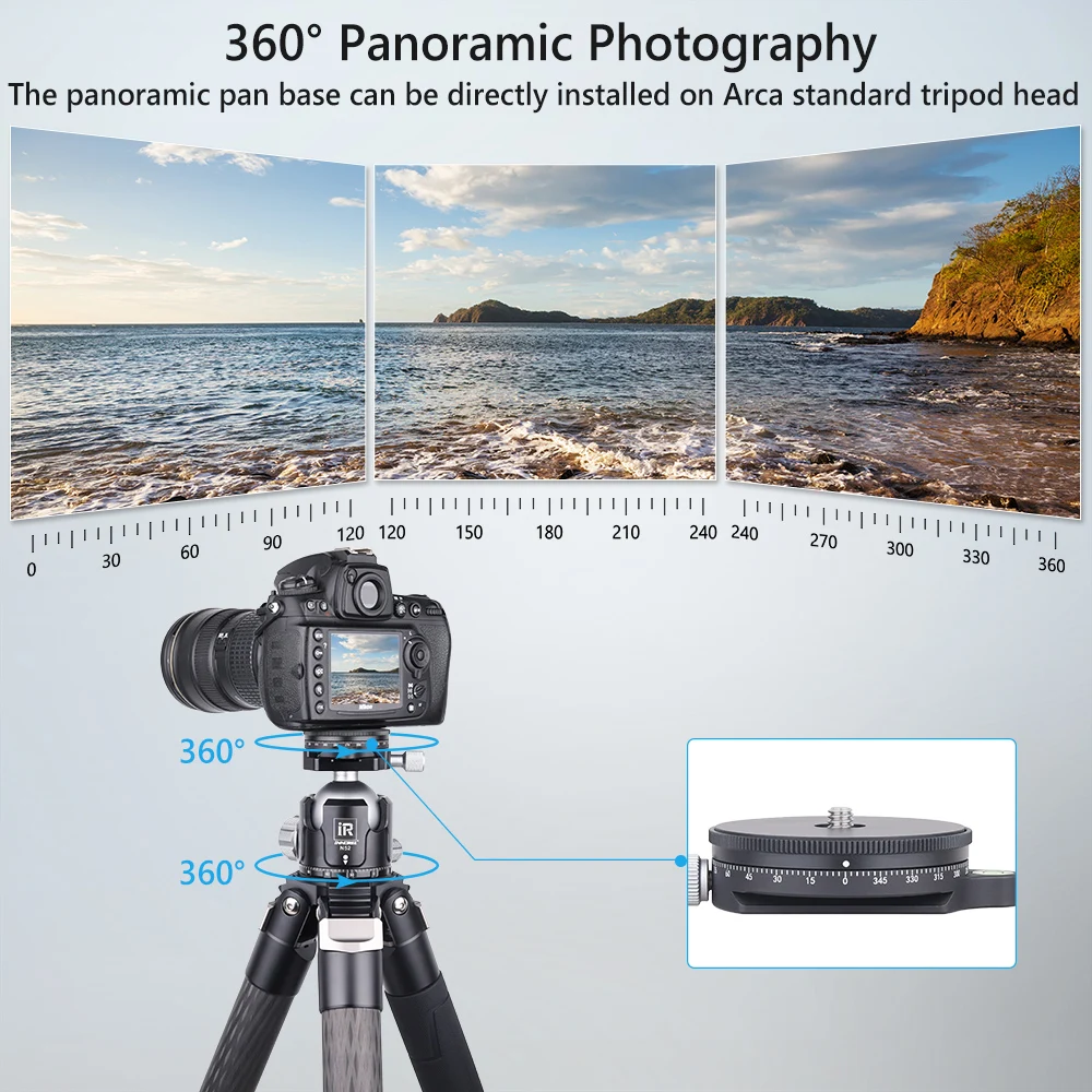 VICELK CNC 알루미늄 360 ° 버블 레벨과 삼각대 모노포드 DSLR 카메라용 Arca 스위스 플레이트가 포함된 파노라마 팬 베이스 로드 10 KG