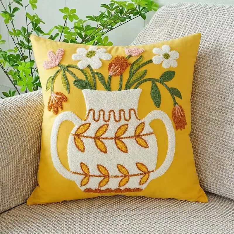 Rustic Floral Embroidered Canvas Cushion Cover