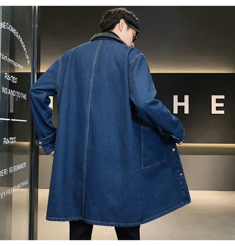 2023 Winter New Men's Velvet Thickened Lamb Fleece Long denim Windbreaker Loose Fashionable Solid Color Flip Collar Wash Coat
