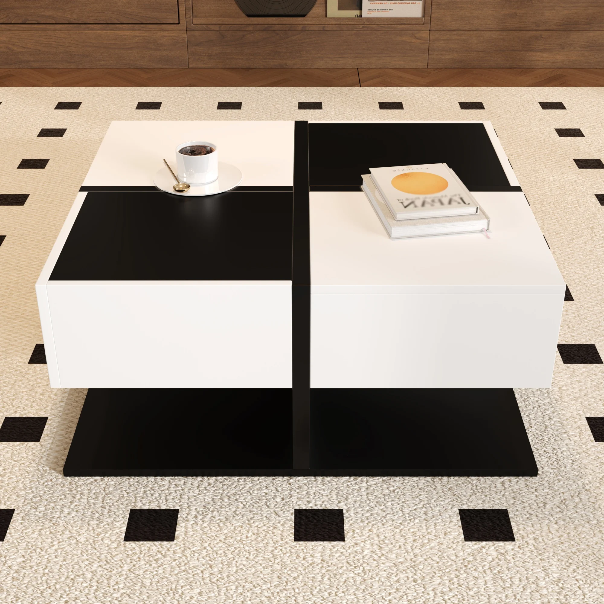PINGGO Moderner Hochglanz-Couchtisch Schwarz/Weiß 2 Soft-Close Schubladen 70x70x35,5cm Quadratisches Design Wohnzimmer-Aufbewahrungstisch – Detail 3