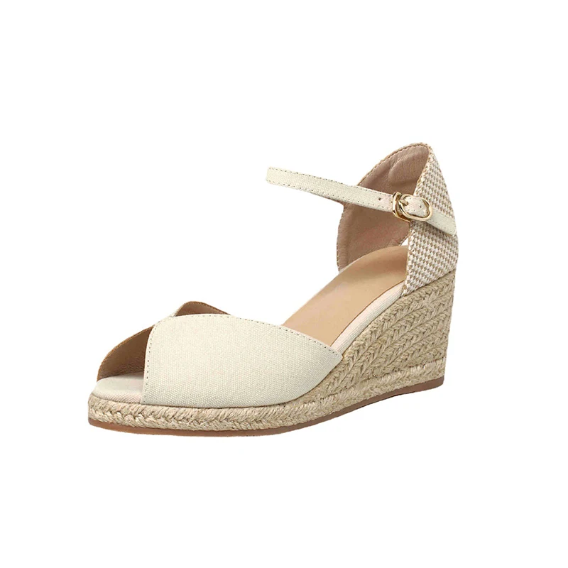 

Canvas Women Wedge Sandals Ladies Shoes Summe Green Black Beige Plus Size 41 Peep Toe Round Toe Buckle Platform