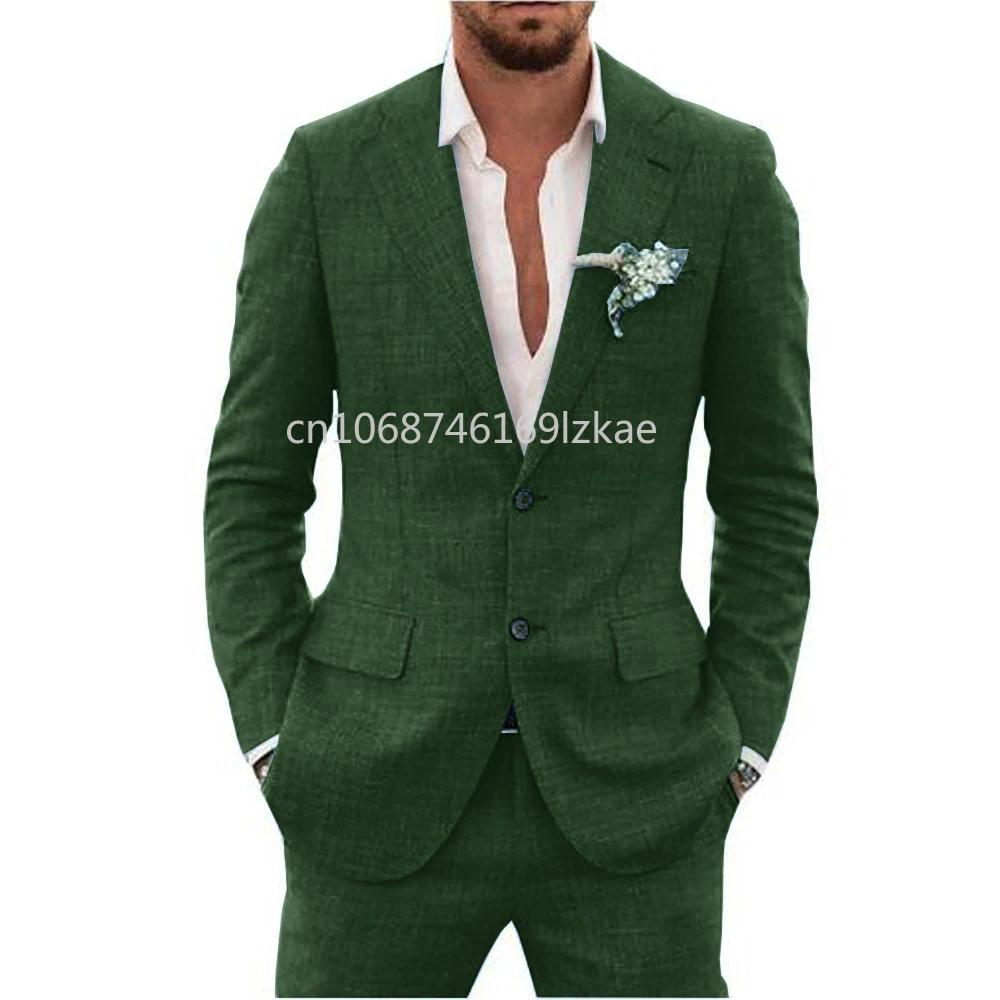 2024 lino tessuto adatto completo da uomo colletto con risvolto monopetto 2 pezzi Set elegante uomo abiti Blazer di alta qualità - immagine 4