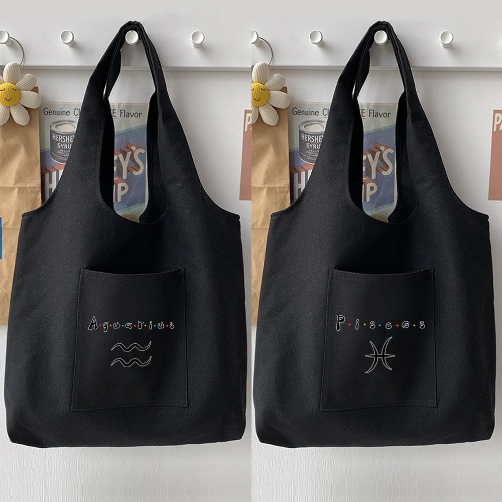 

Women Shopping Bag Canvas Shoulder Bags Environmental Storage Handbag Constellation Print Reusable Foldable Eco Grocery Totes