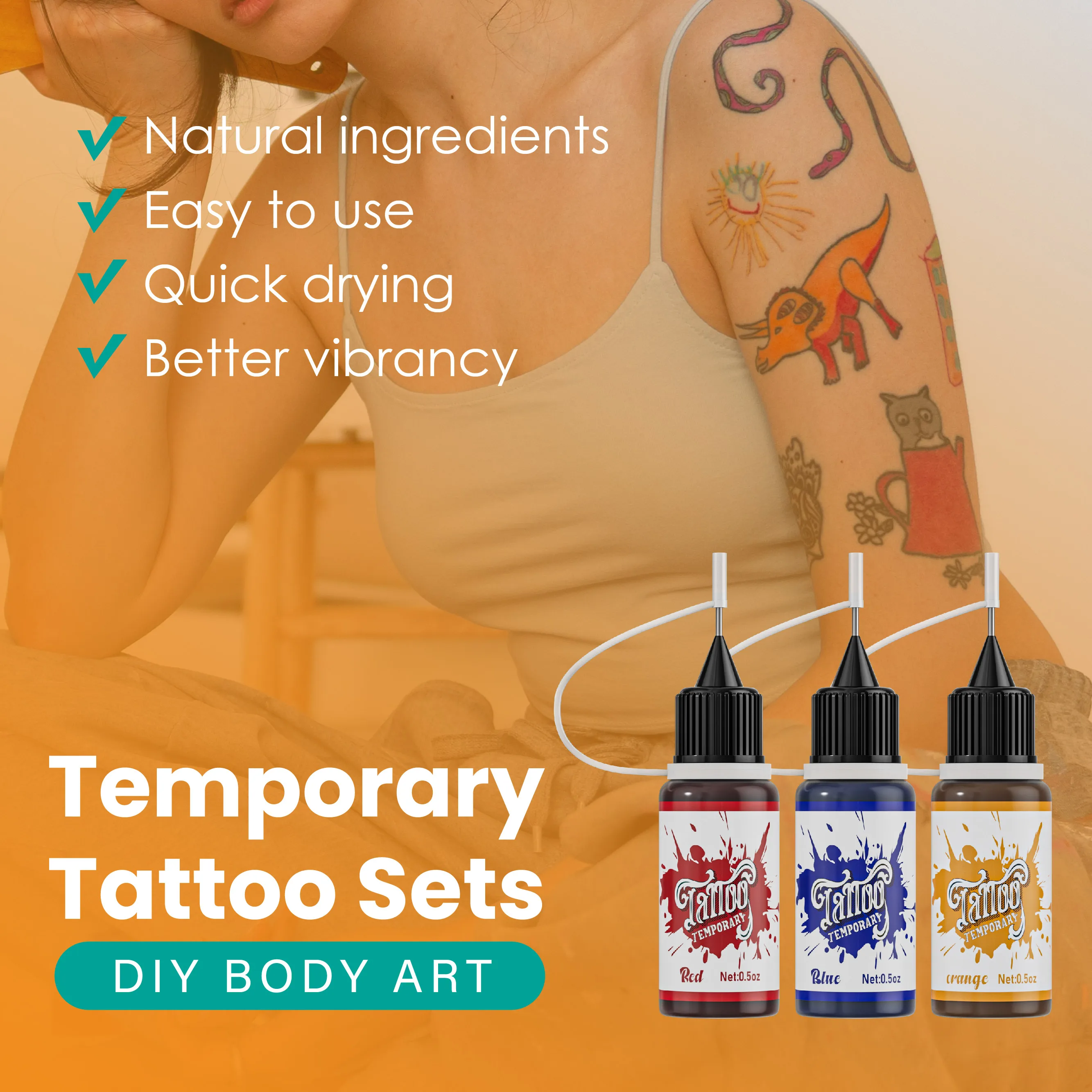 Temporary Tattoo Kit with 7 Bottles of Mixed Color Paste and 6 Stencil Designs, -Easy-to-Use Henna Semi-Permanent Tattoo Set 6