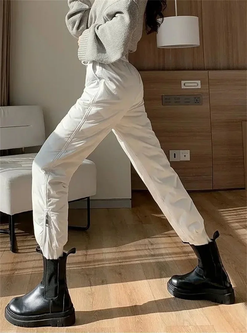 Warm Thicken Side Zip Down Cotton Straight Pant Casual Thick Winter Snow Wear Windproof Pantalones New Fluffy High Waist Spodnie