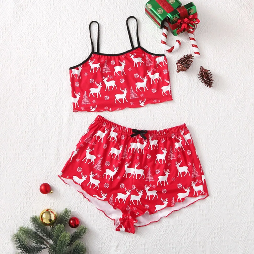 Women Christmas Pajamas Set Girls Homewear Sleeveless Top With Shorts Loungewear