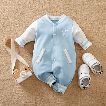 Baby Boys And Girls Newborn Letter Embroidered Children’s Baseball Uniform Solid Color Spring And Autumn Long Sleeved Jumpsuit