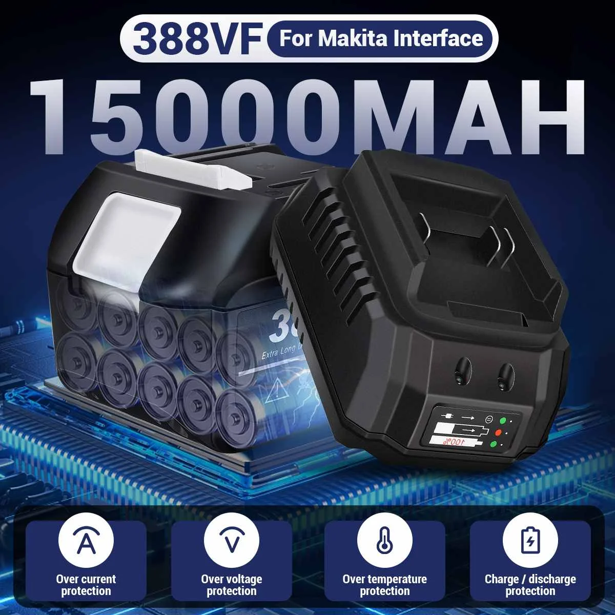 Drillpro 1 PC 388VF Rechargeable Battery for Makita Interface 15000mAh Lithium Battery for Electric Wrench Drill Saw Power Tools 2