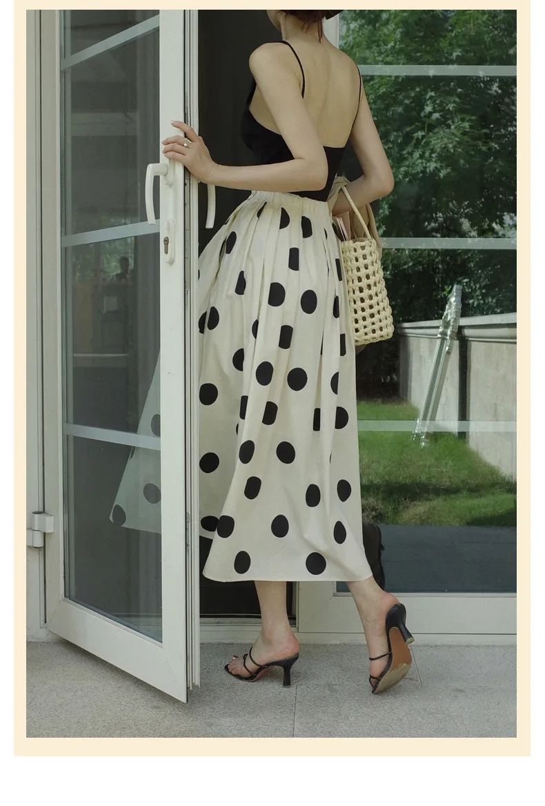 

Women's 2024 Summer French Retro Pleated Umbrella Skirt Elegant Holiday Apricot Yellow High Waist Polka Dot Skirt