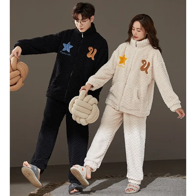 Sleepwear Men Pajamas Women Pajama Sets Couple Pajamas Autumn Winter Warm Flannel Big Size Zippers Nightwear Kawaii Clothing
