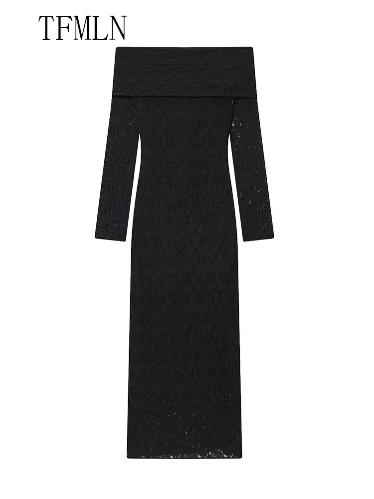 Elegant Slash Neck Lace Dresses For Women 2025 New Fashion Chic Side Zipper Causal Dress Vintage Long Sleeve Evening Party Dress