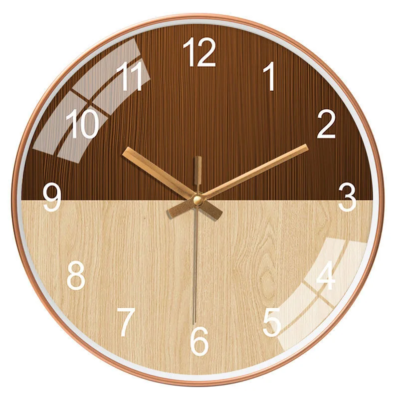 Wood Grain Simple Black Punch-free Wall Clock Golden Mute Cartoon Glass Clock Color:060J;Sheet Size:14 inch (35cm)