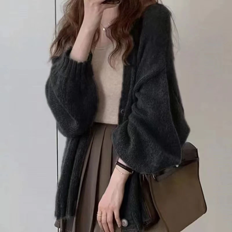 Autumn and Winter New Women's Solid Color Cardigan Sweater Fashion Casual Single-breasted Lantern Sleeve Sweater Jacket