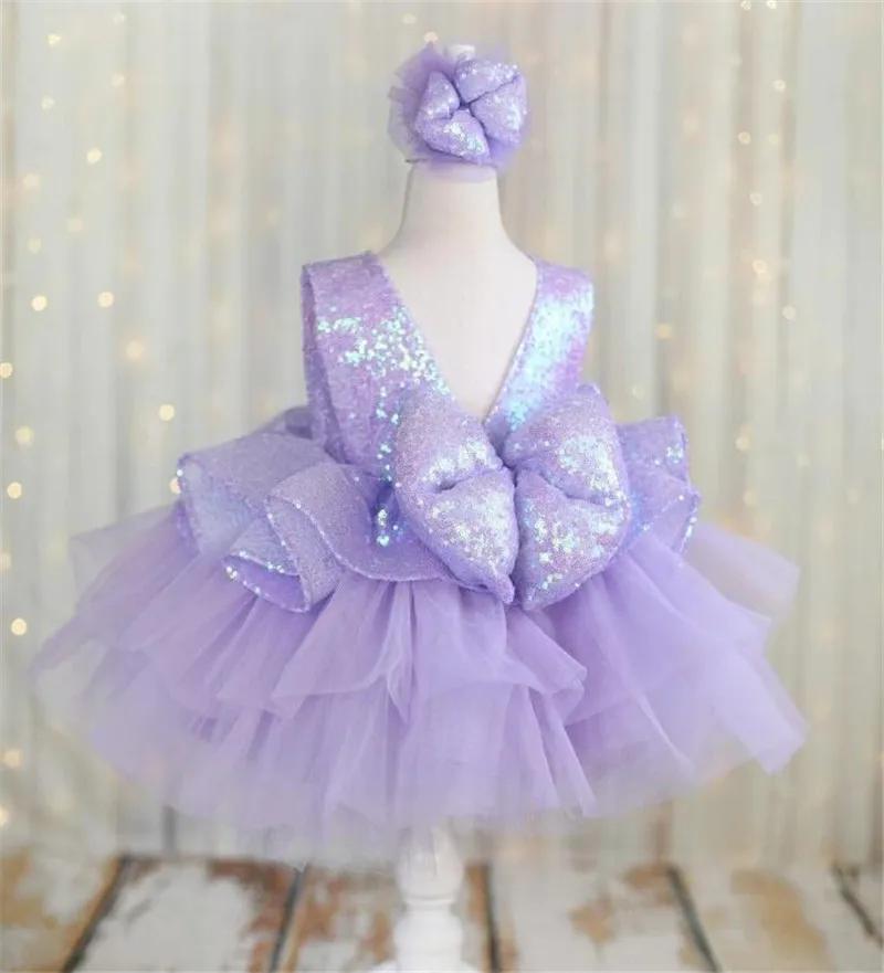 

Sequined Girl Pageant Dress Flower Girls Dresses for Wedding Lilac Tulle Kids Ruffles Party Birthday Gowns for Photoshoot
