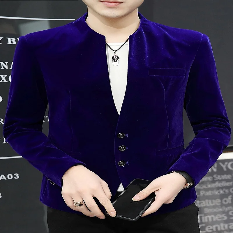 New boutique fashion handsome trend canary velvet small yuan collar suit Korean version slim handsome coat Yuan collar shirt 5