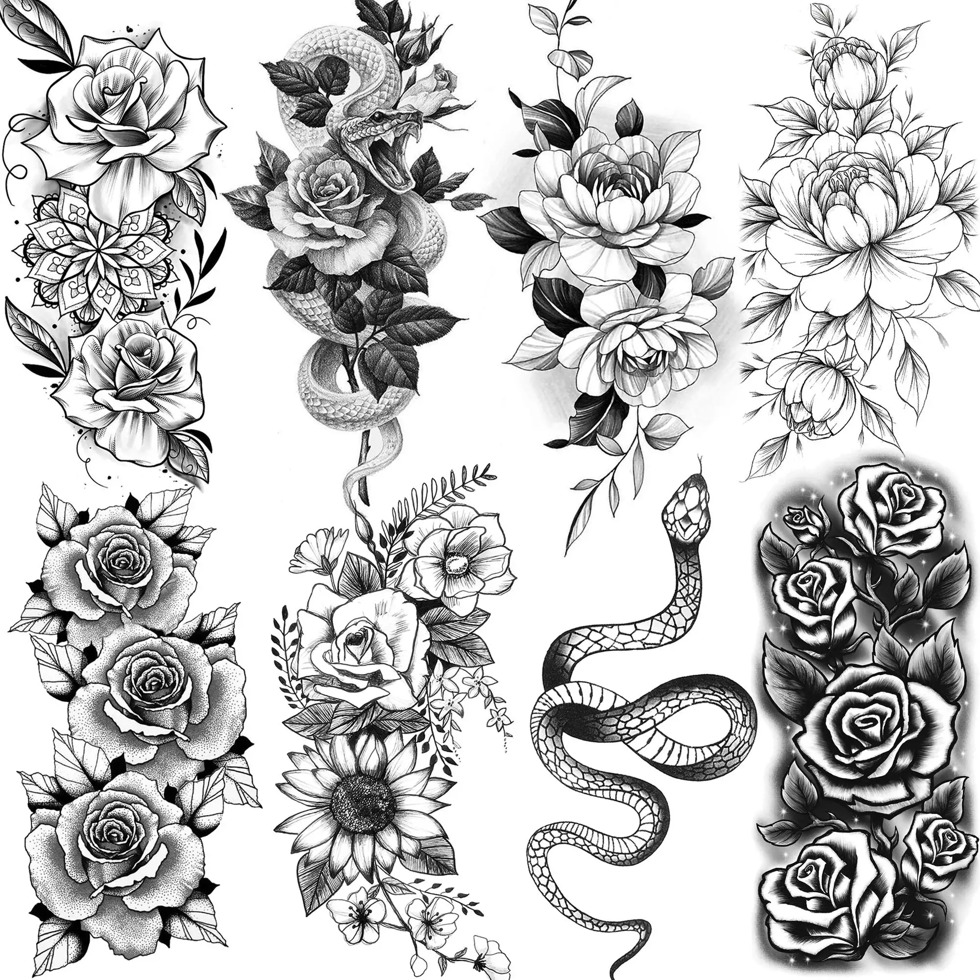 

8 Sheets DIY Snake Flower Temporary Tattoos For Women Fake Rose Floral Tattoo Sticker Black Mandala Flower Tatoos 3D Drawing