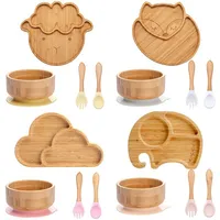 4pcs Children's Tableware Suction Plate Bowl Baby Dishes Baby Feeding Dishes Spoon Fork Sets Bamboo Plate for Kids Tableware