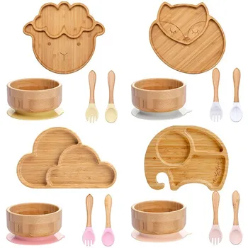 vaisselle pour enfants, assiette à succion, bol, plats pour bébé, plats d'alimentation pour bébé, ensembles cuillères et fourchettes, assiette en bambou pour enfants, 4 pièces