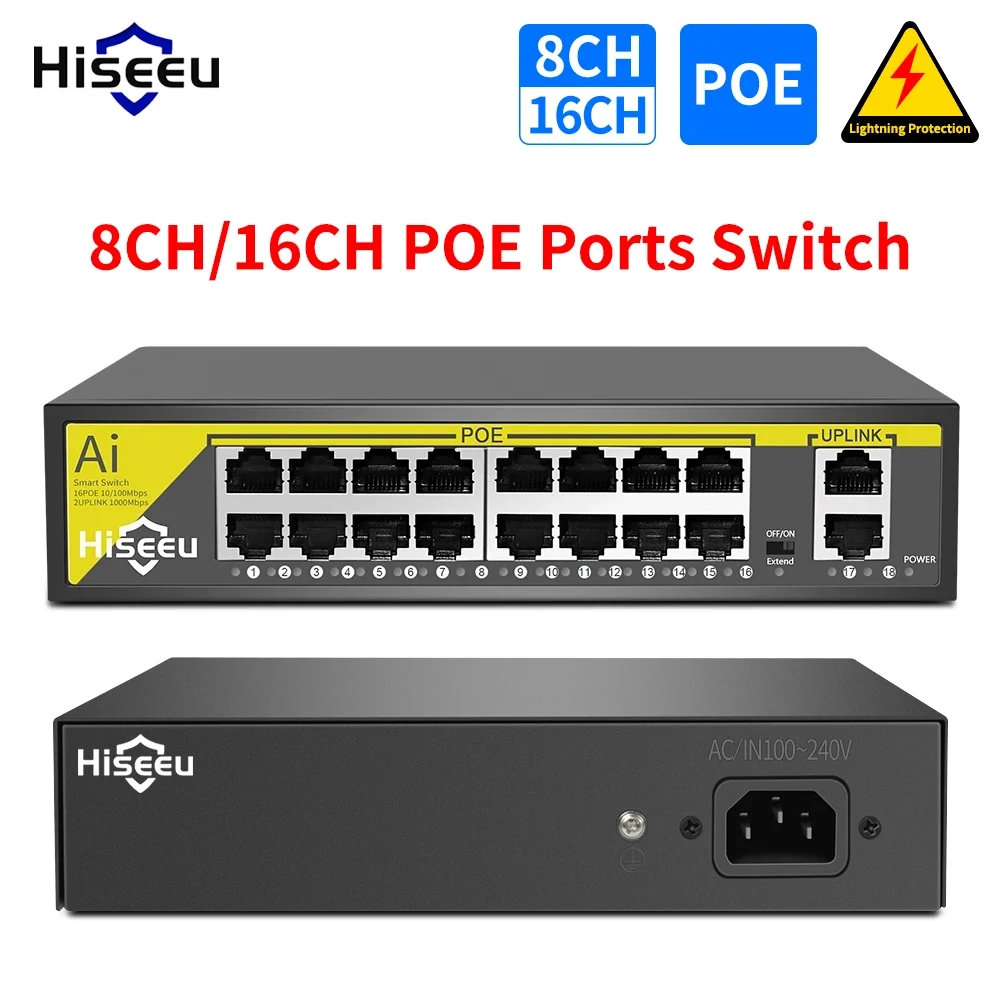 hiseeu-interruptor-poe-de-8-y-16-puertos-48v-2-uplink-10-100mbps-ieee-8023-af-at-para-camara-ip-sistema-de-camaras-de-seguridad-cctv-ap-inalambrico