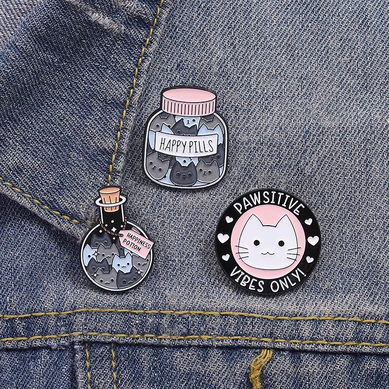 Niedliche Happy Cat Emaille Pin Happiness Potion Pawsitive Vibes Only Brosche Revers Abzeichen Schmuck Geschenk für Haustierliebhaber Freunde – Detail 9
