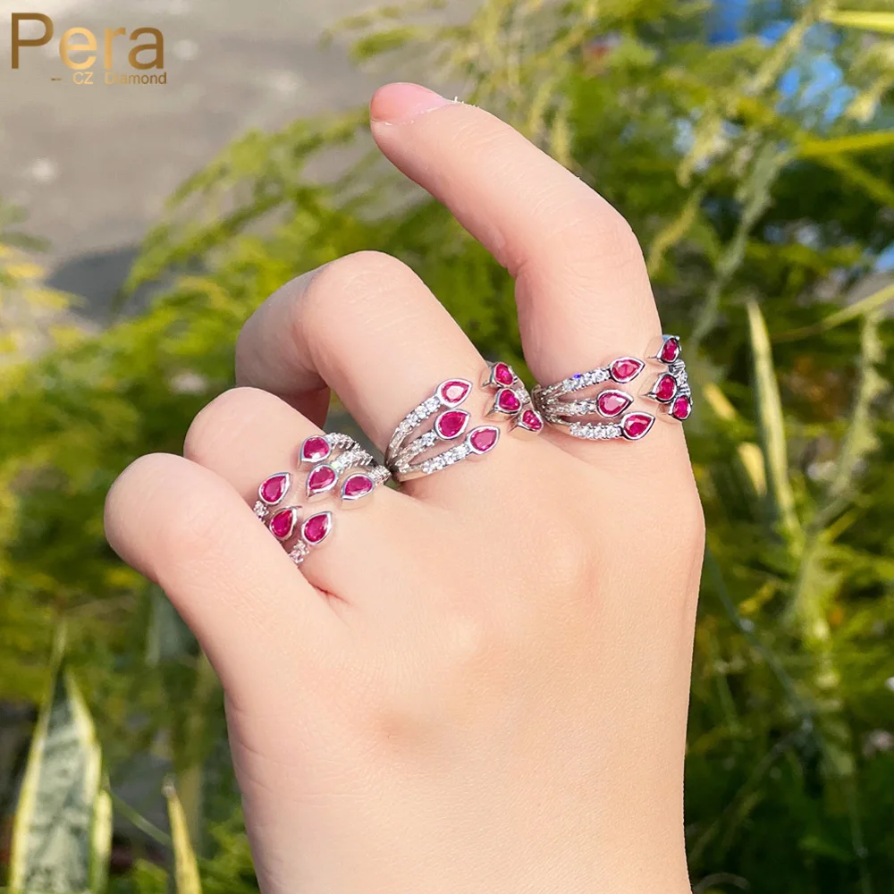 Pera Fashion Brand Rose Red Cubic Zircone Silver Color Opensize Promise Rings Per Le Donne Accessori Per Gioielli Per Feste Di Fidanzamento R193