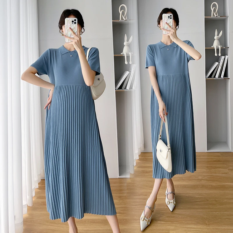 

5038# Summer Thin Ice Cool Pleated Knitted Maternity Long Dress Elegant A Line Loose Clothes for Pregnant Women Ins OL Pregnancy