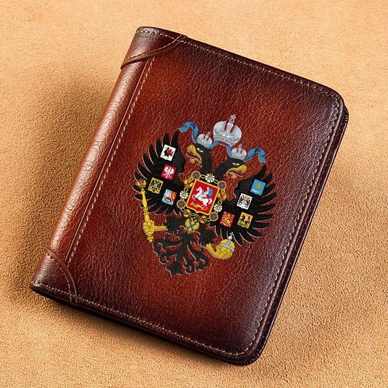 

High Quality Genuine Leather Men Wallets Российская империя Sign Printing Short Card Holder Purse Trifold Men's Wallet BK1467